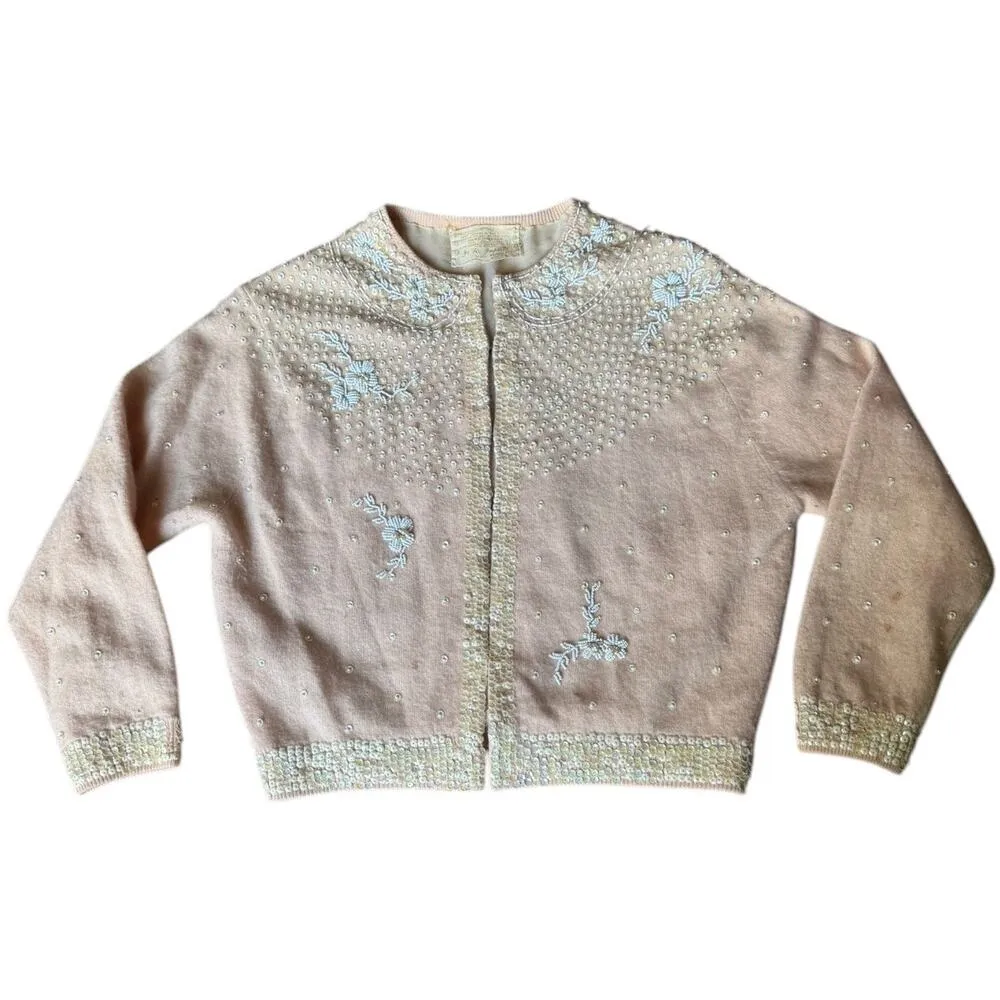 Vintage Jo Ro Imports Angora Lamb Wool Beaded Sequin pink white Cardigan small - Image 14