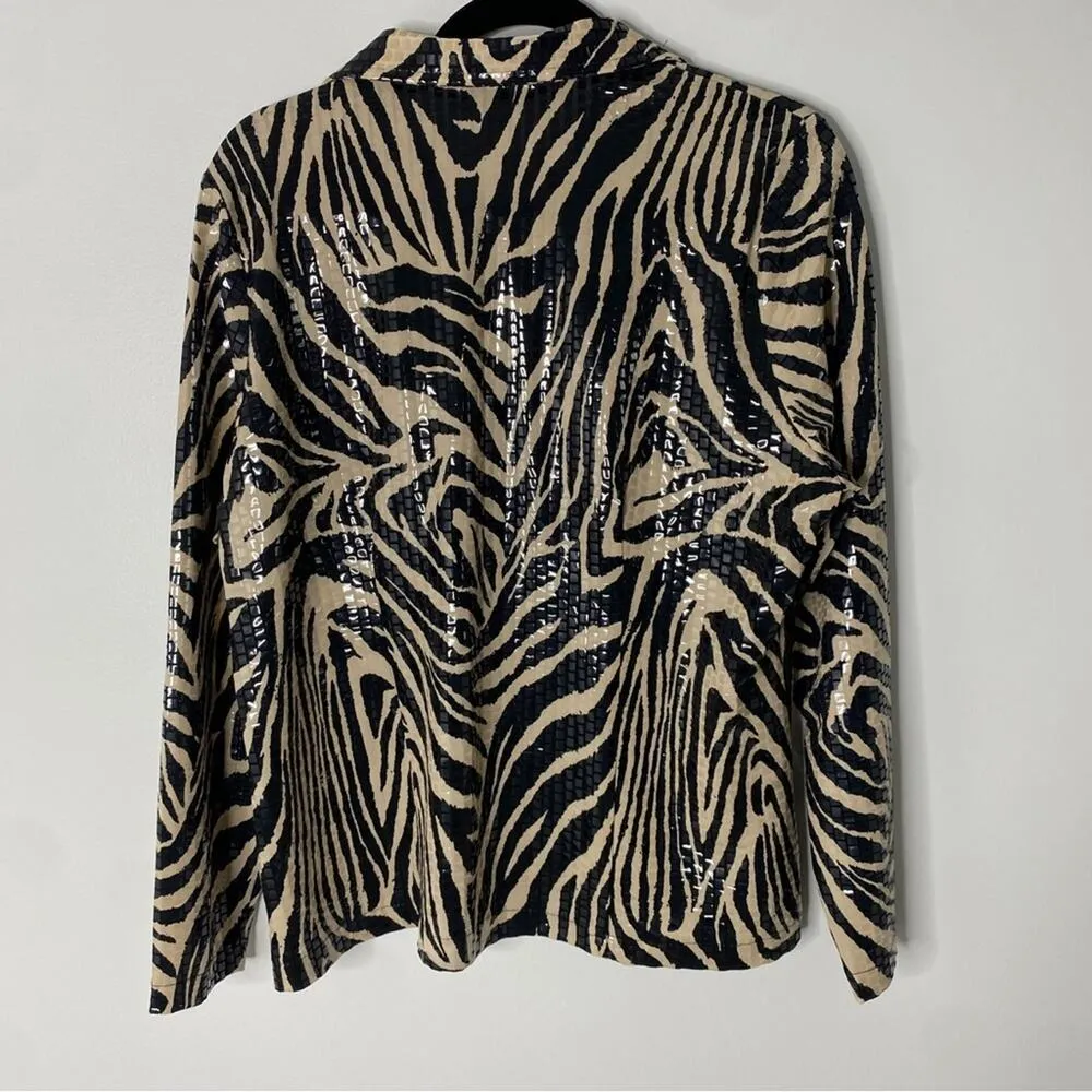 Vintage Misook Black Tan Sequin Zebra Animal Print Zipper Jacket Medium - Image 3