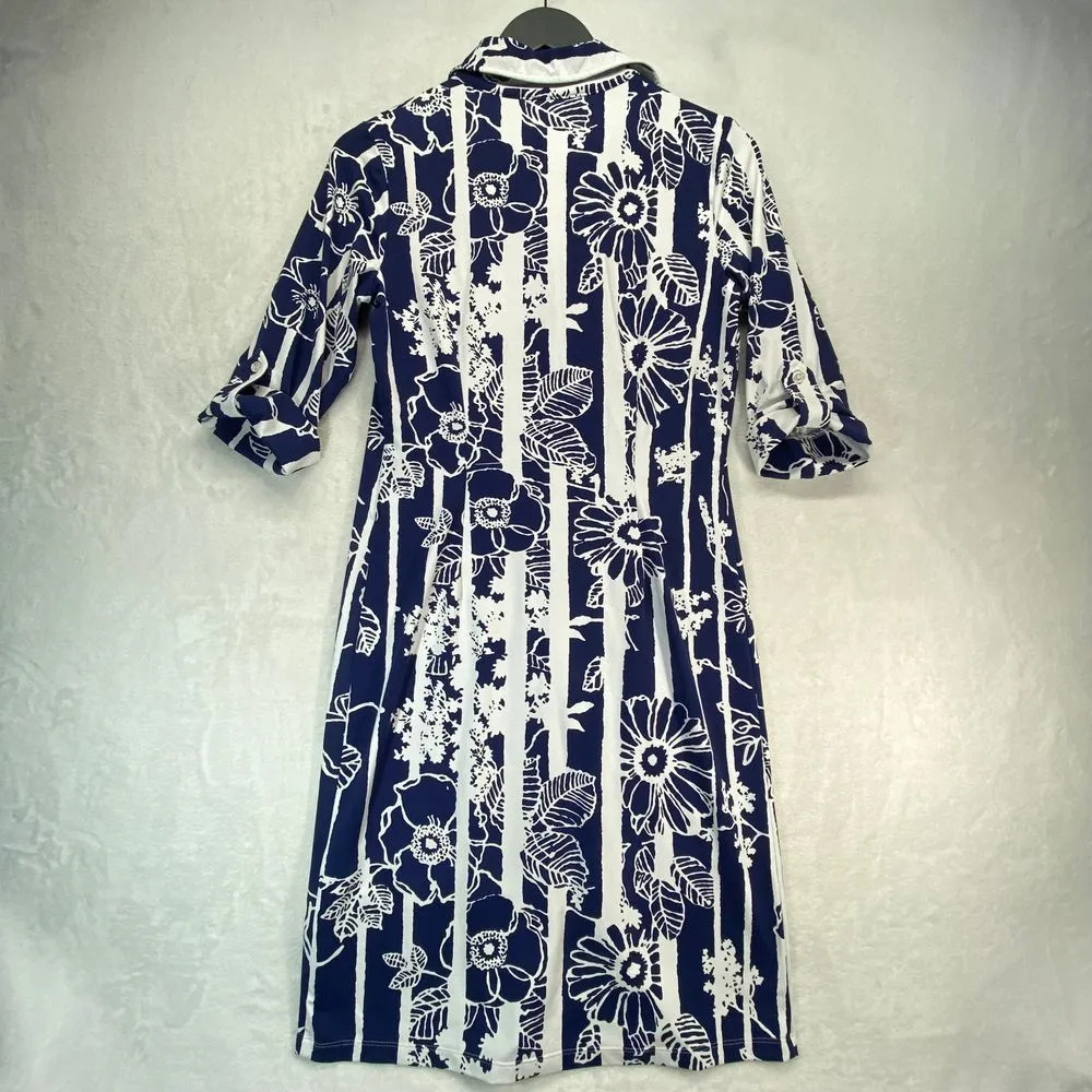 J. McLaughlin Navy White Floral Striped‎ Button Down Shirt Dress XS no belt - Image 10