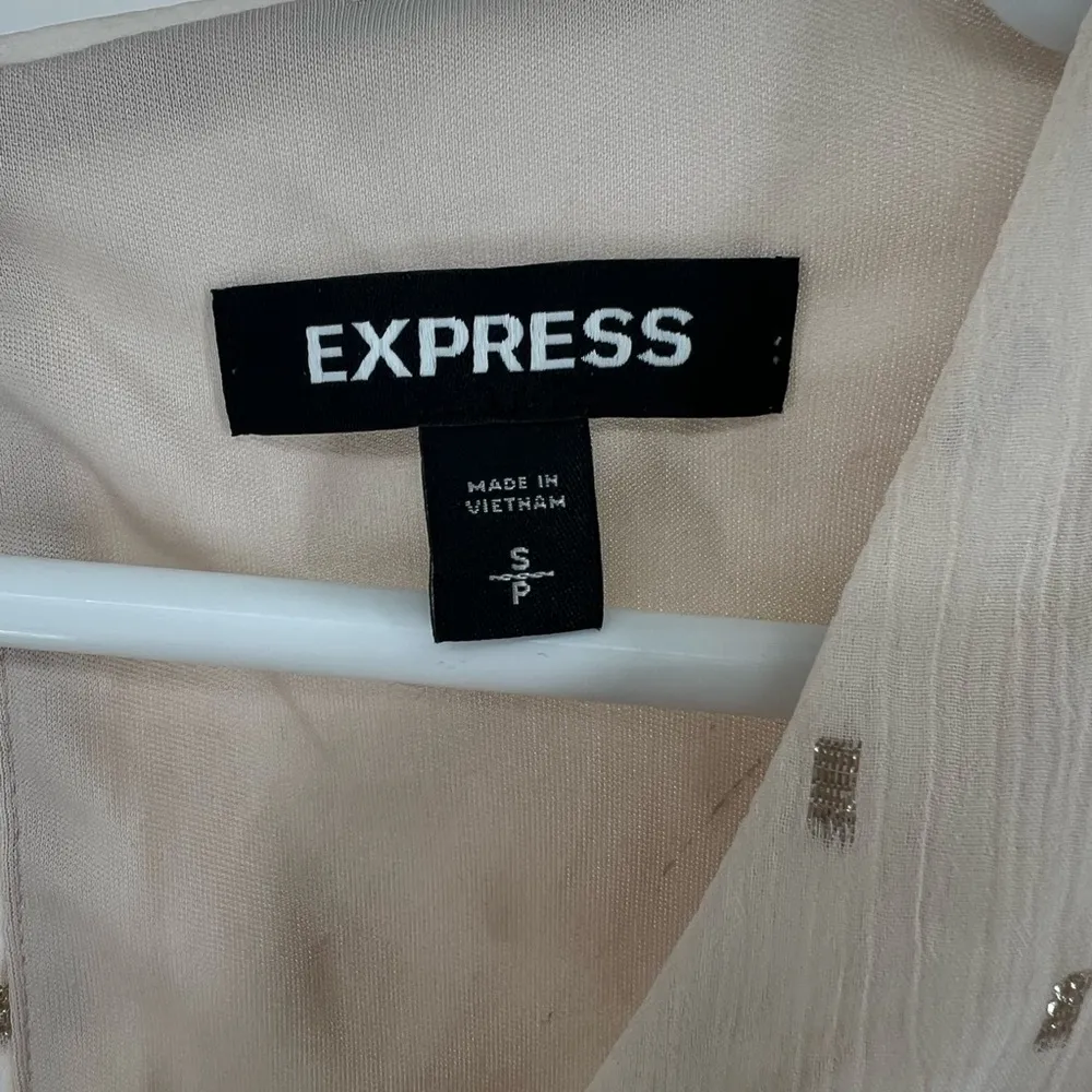 Express cream gold metallic embroidered sheer puff sleeve S mini dress keyhole - Image 4