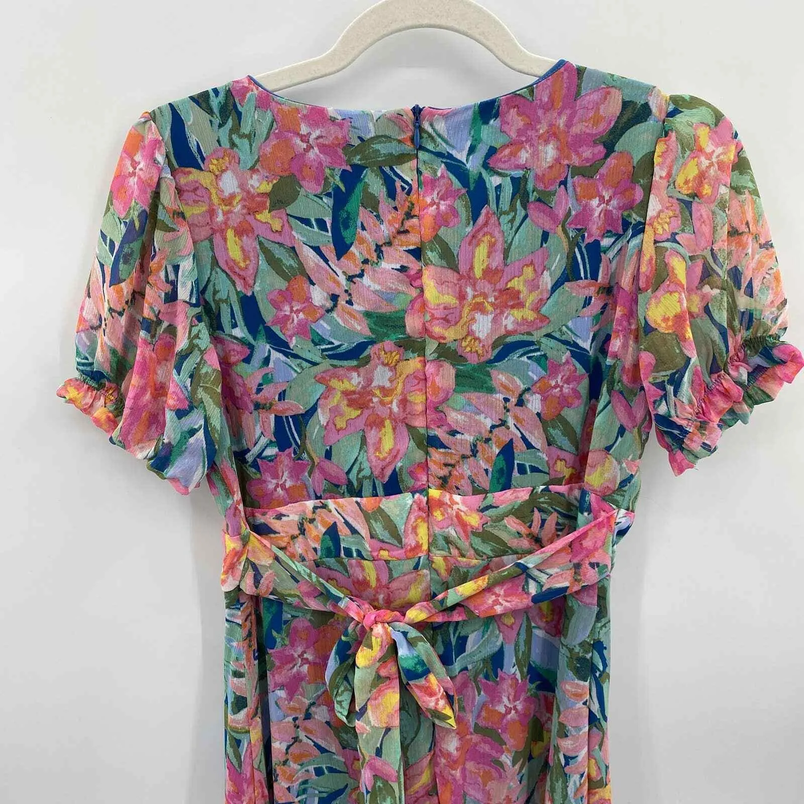 Takara Maxi Dress Juniors 5 Pink Blue Floral Polyester Button Front Tie Back - Image 6