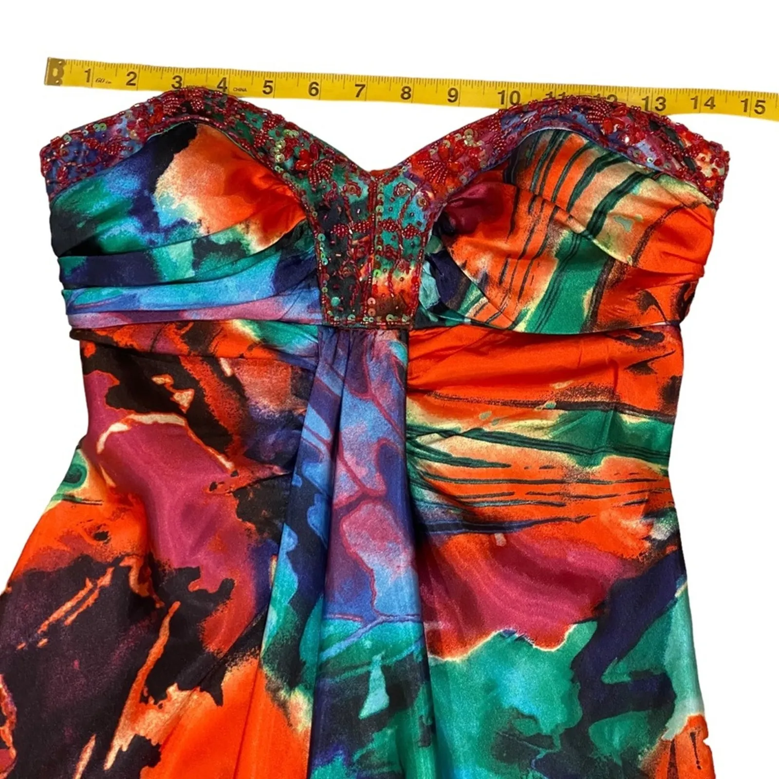 Vintage Formal Dress XS Y2K Strapless Long Gown Tropical Maxi Party Cruise Bead Red - Image 11