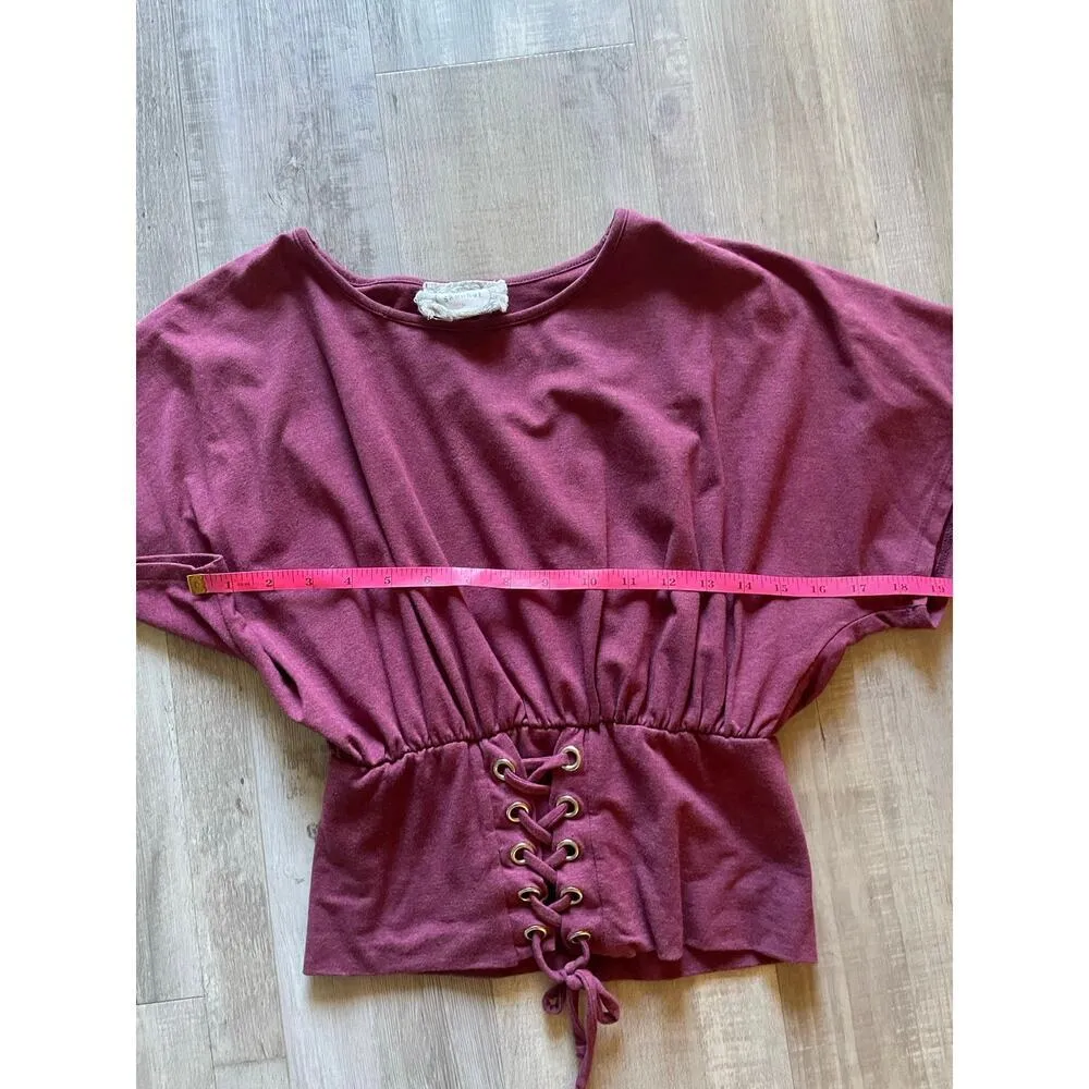 Skonhet Women Shirt Tie front corset crop Sz M burgundy Short Sleeve Top casual. Red Size M - Image 5