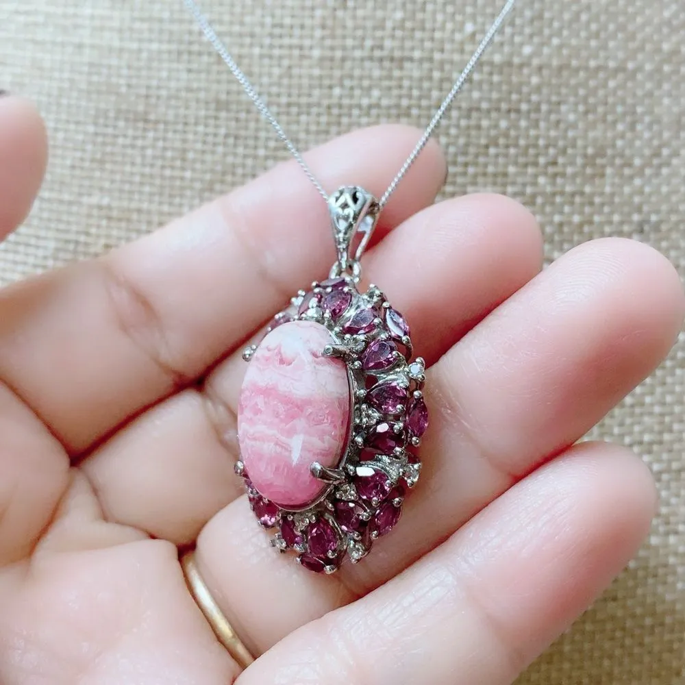 Sterling Silver 925 Oval Rhodochrosite + Rhodolite Pendant Necklace 20" Chain - Image 4