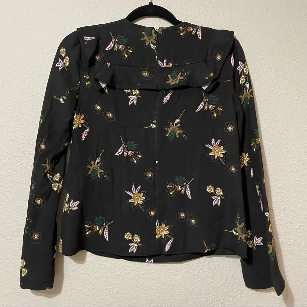 ALC Annaleigh Black Silk Ruffle Floral Yoke Top Blouse Womens 2 Preppy Fall Top - Image 2