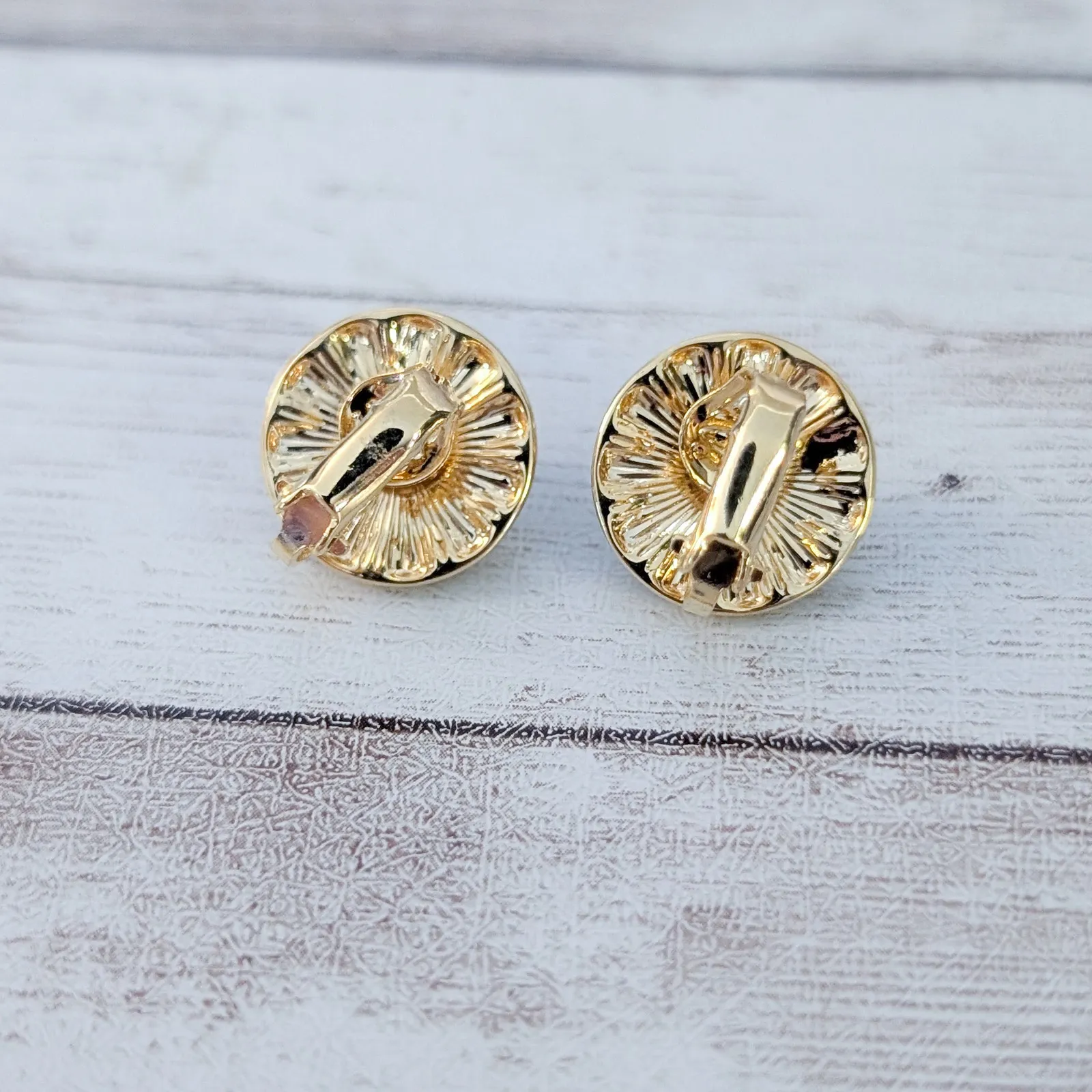 Vintage Clip On Earrings Faux Pearl with Clear Gem Halo 5/8" Gold - Image 4