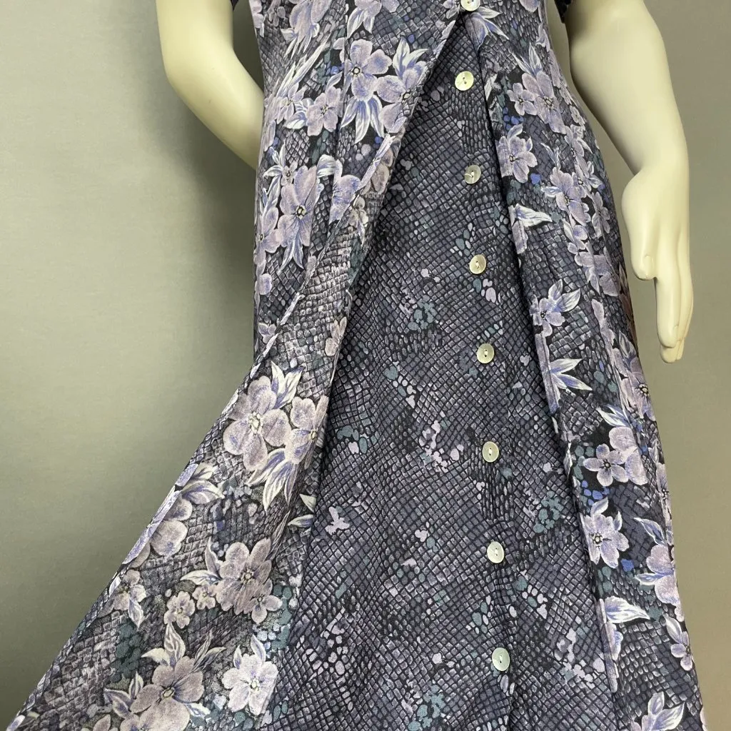 Vintage 90s Floral Dress Layered Look Snakeskin Print Shell Buttons Purple Rayon Size 10 - Image 11