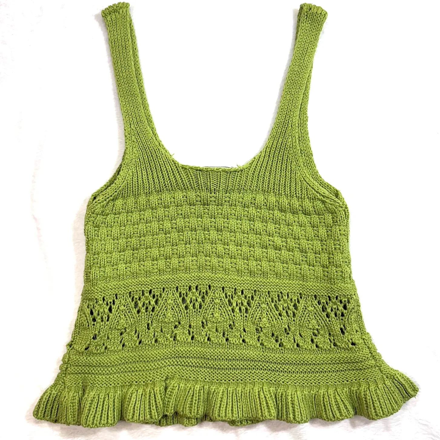 Broadway 38 L Lime Green Knit Tank Top‎ Ruffled Cottage Farmcore Nature Boho Y2K Size L - Image 4