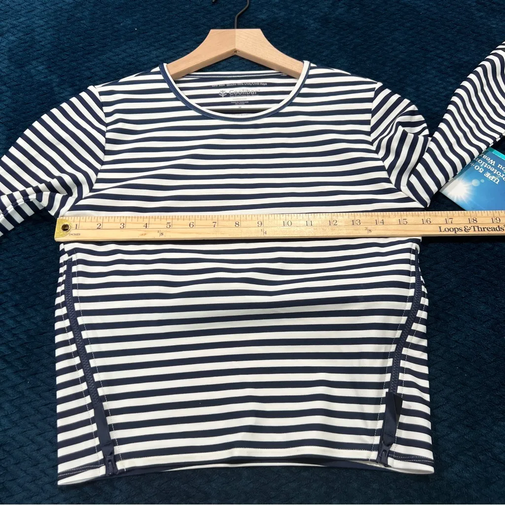 Coolibar Bayfront Rash Guard Bra Top Long Sleeve Zipper Sides Striped NWT Size M Blue Size M - Image 16