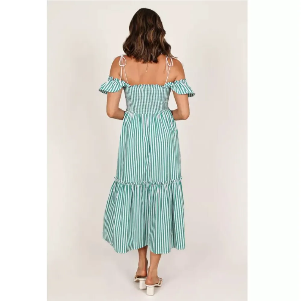 Petal & Pup Yasminie Green White Striped Shirred Maxi Dress S - Image 4