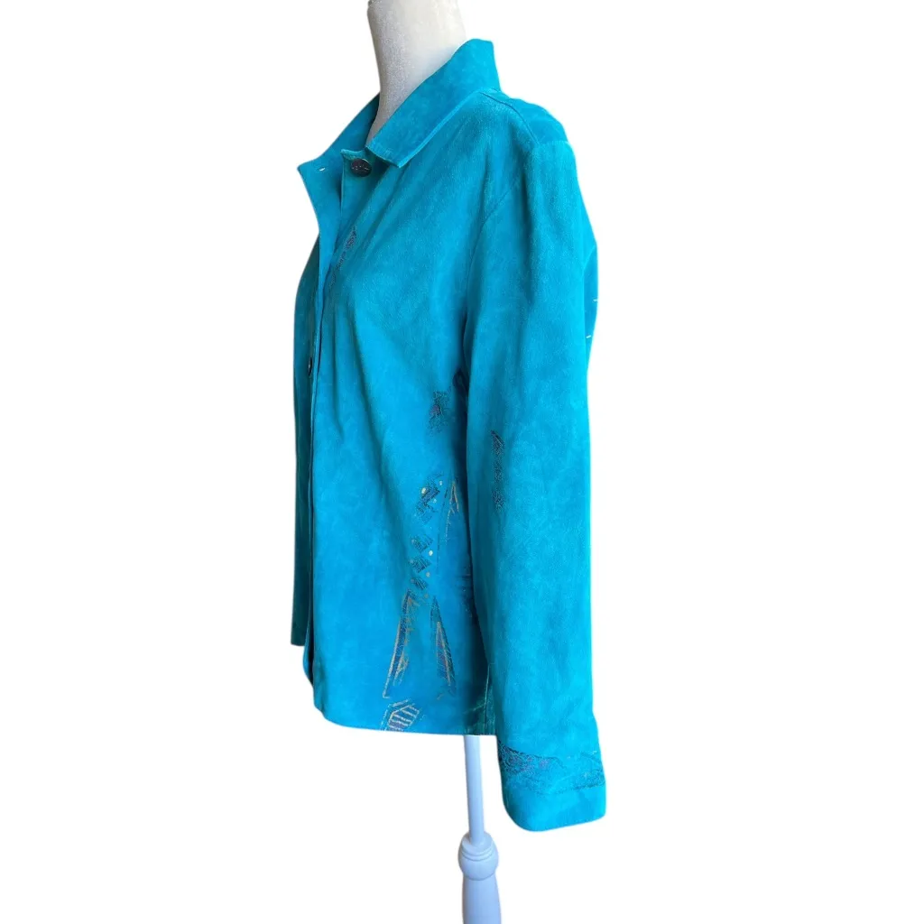 Vintage Genuine Suede Leather Turquoise Southwestern Jacket Chicos Sz 1 - Image 4