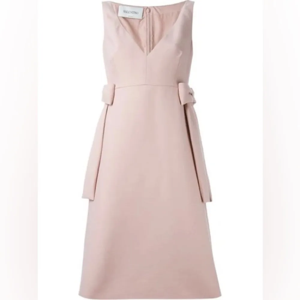 Valentino Light Blush Pink V neck Bow tie waist Virgin wool A line mini dress 4 - Image 3