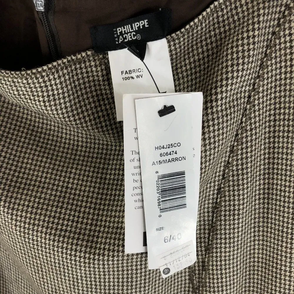 Philippe Adec Skirt Ruffle Wool Houndstooth Lined Beige Brown Size 6 Tan - Image 3