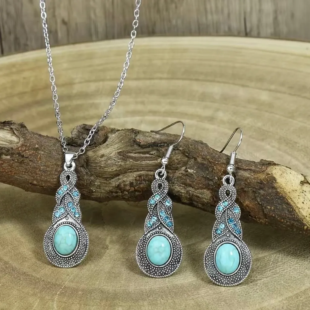 Bohemian turquoise Inlaid necklace & earrings set faux fashion jewelry‎ - Image 4