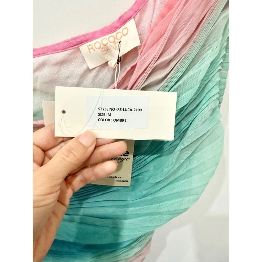 NWT Rococo Sand Luca One Shoulder Pleated Cocktail Maxi Dress Ombre Women's M Green Size M - Image 4