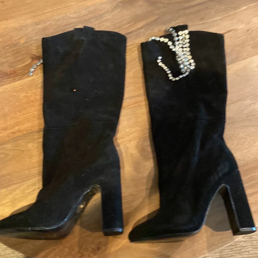 Raye Black Heeled Boots with Crystal Embellished Heel - Image 3