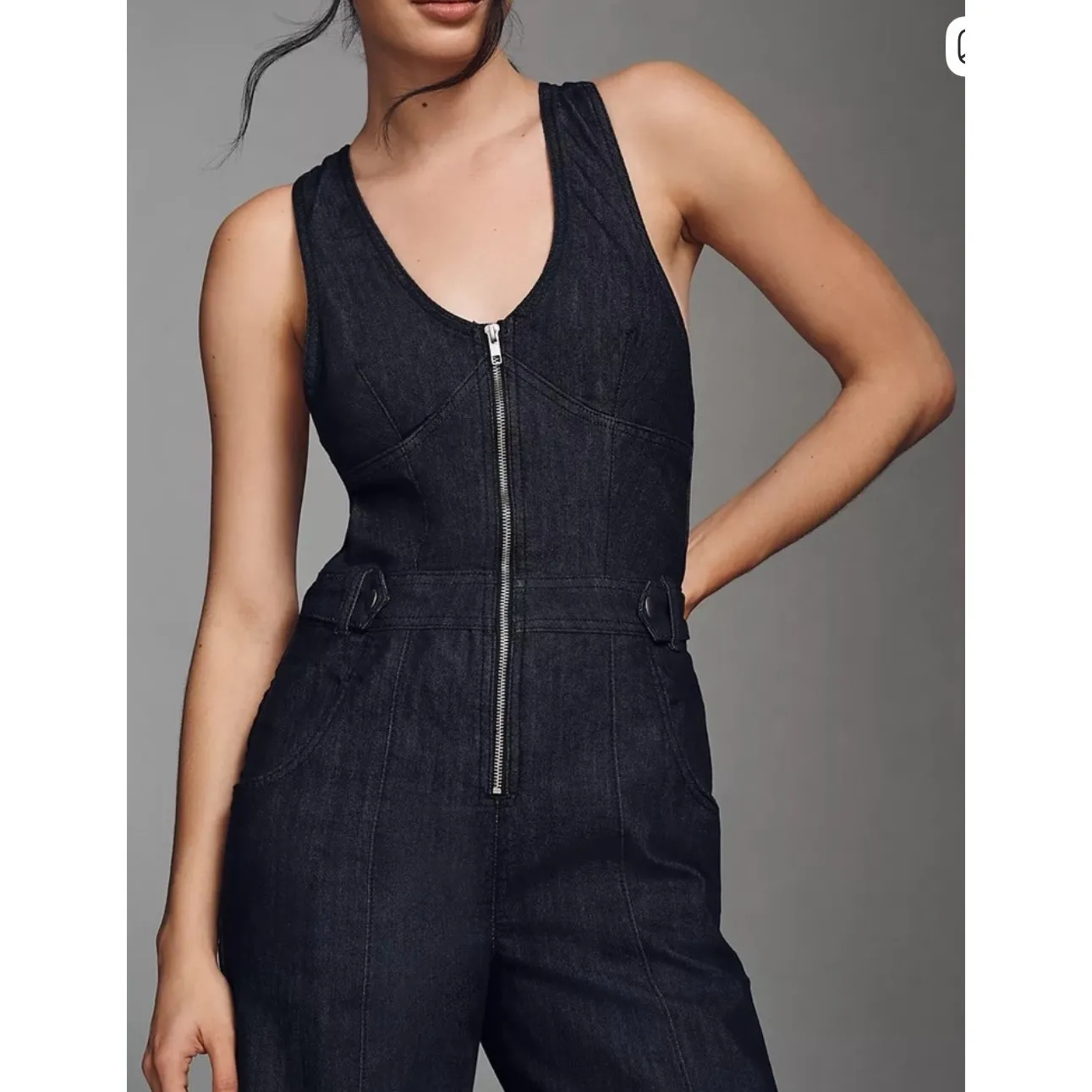 Maeve Anthropologie Denim Jumpsuit Women Size 10 Zip Front Racerback Wide Leg Blue - Image 2