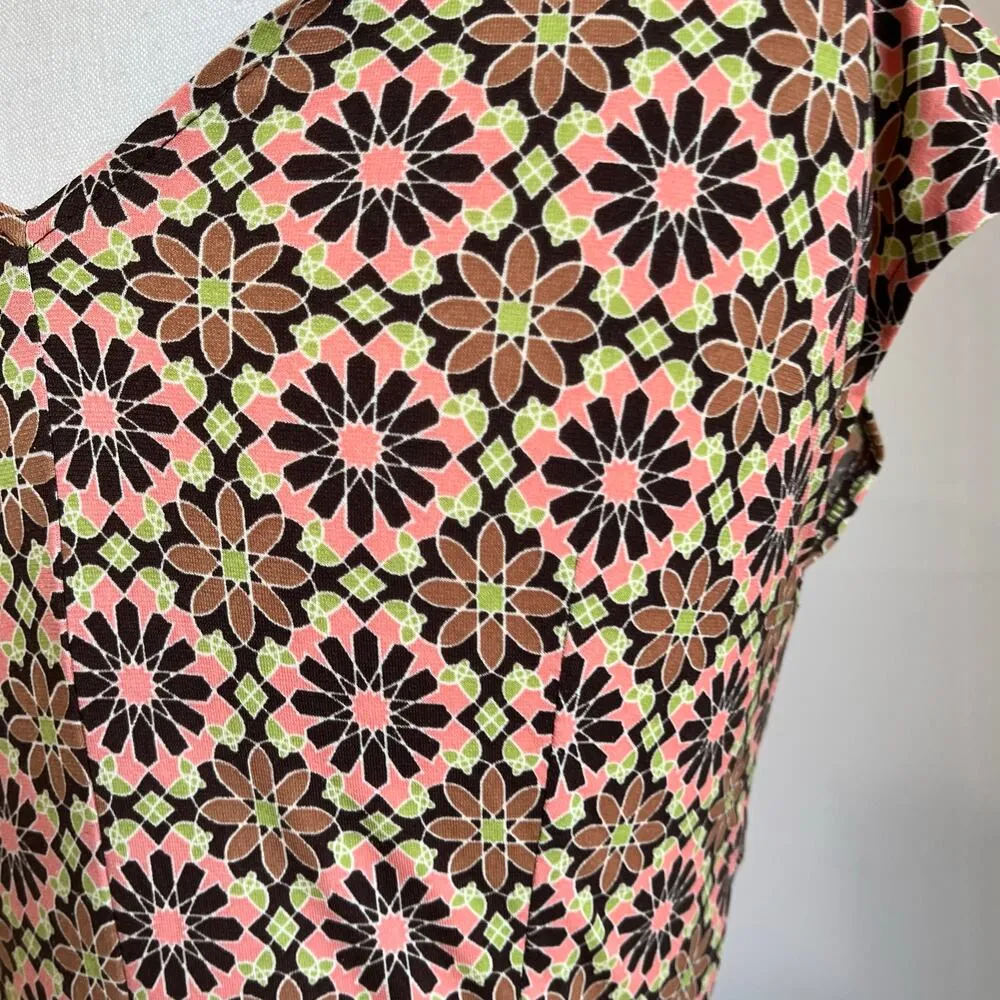 90s Lizzatti Poly Spandex Floral Printed Knot Front V Neck Short Dress Size 10 P Pink - Image 6