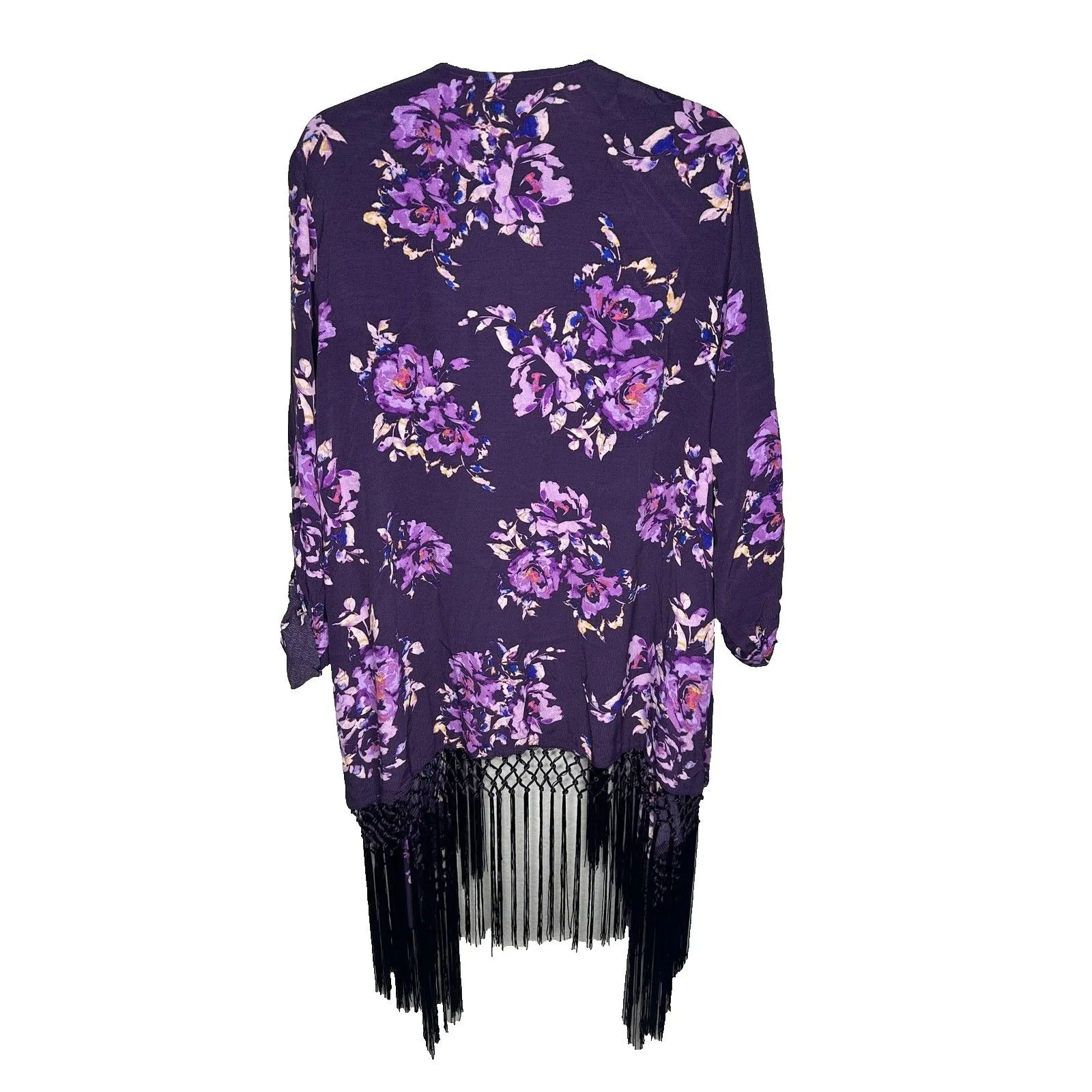 Torrid Kimono Cardigan Womens 2 2X Purple Floral Fringe Boho Duster Open Front - Image 6