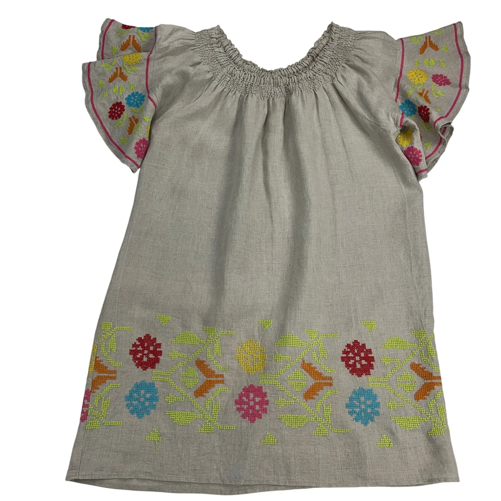 Uncle Frank Linen Cross Stitch Off Shoulder Tunic Peasant Dress Flax Size M - Image 2