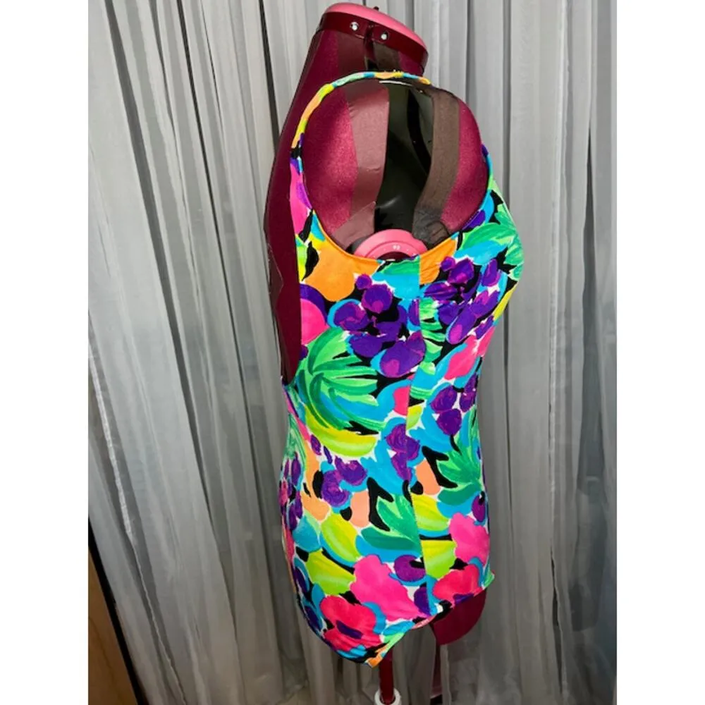 Lands end one piece swimsuit floral pink green orange bright - Image 7