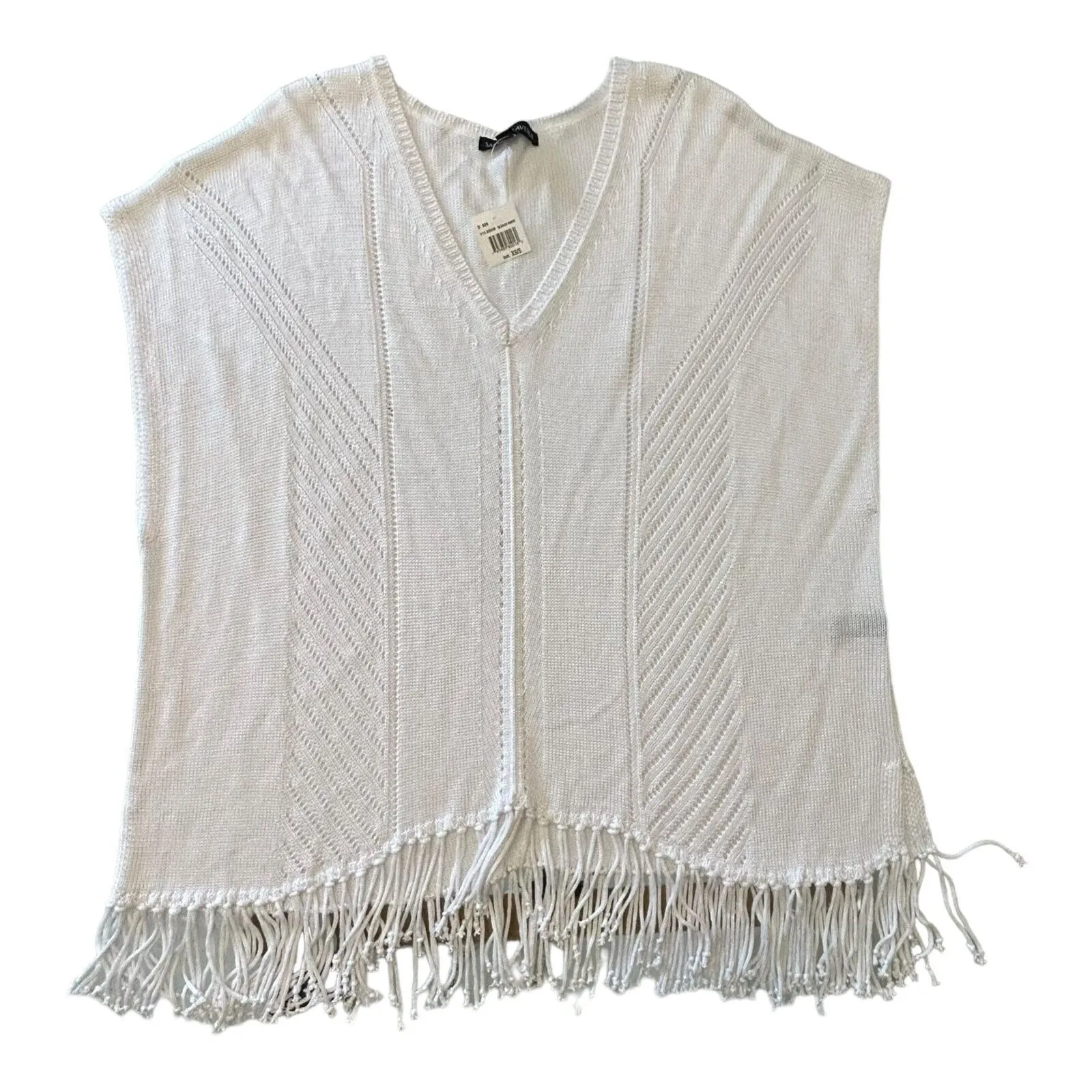 New SAKS FIFTH AVE White Crochet‎ Fringed Sweater Poncho Boho Oversized Top XS - Image 5