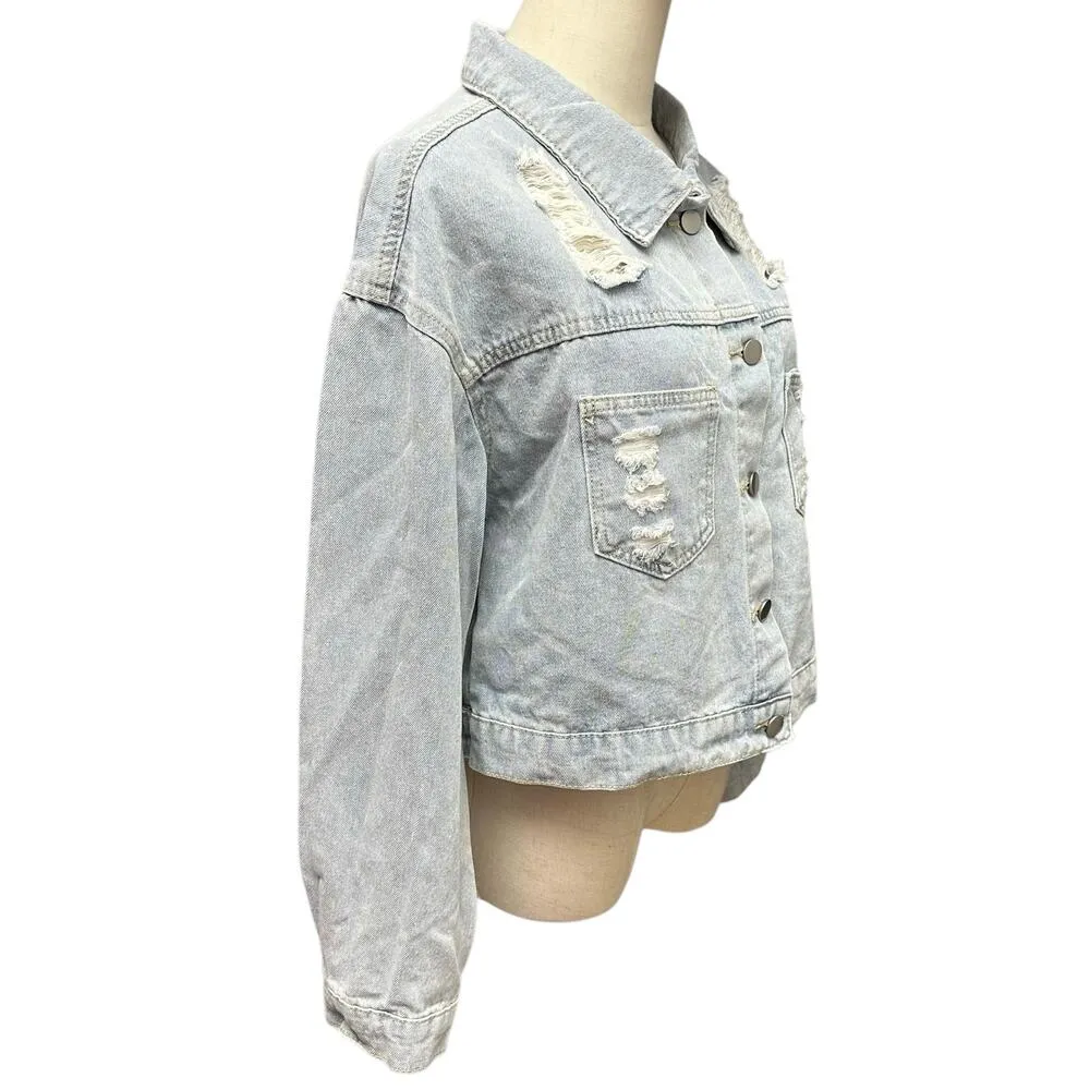 LA BIZ Sz Medium Sparkly Rhinestone Fringe Light Wash Distress Denim Crop Jacket - Image 4