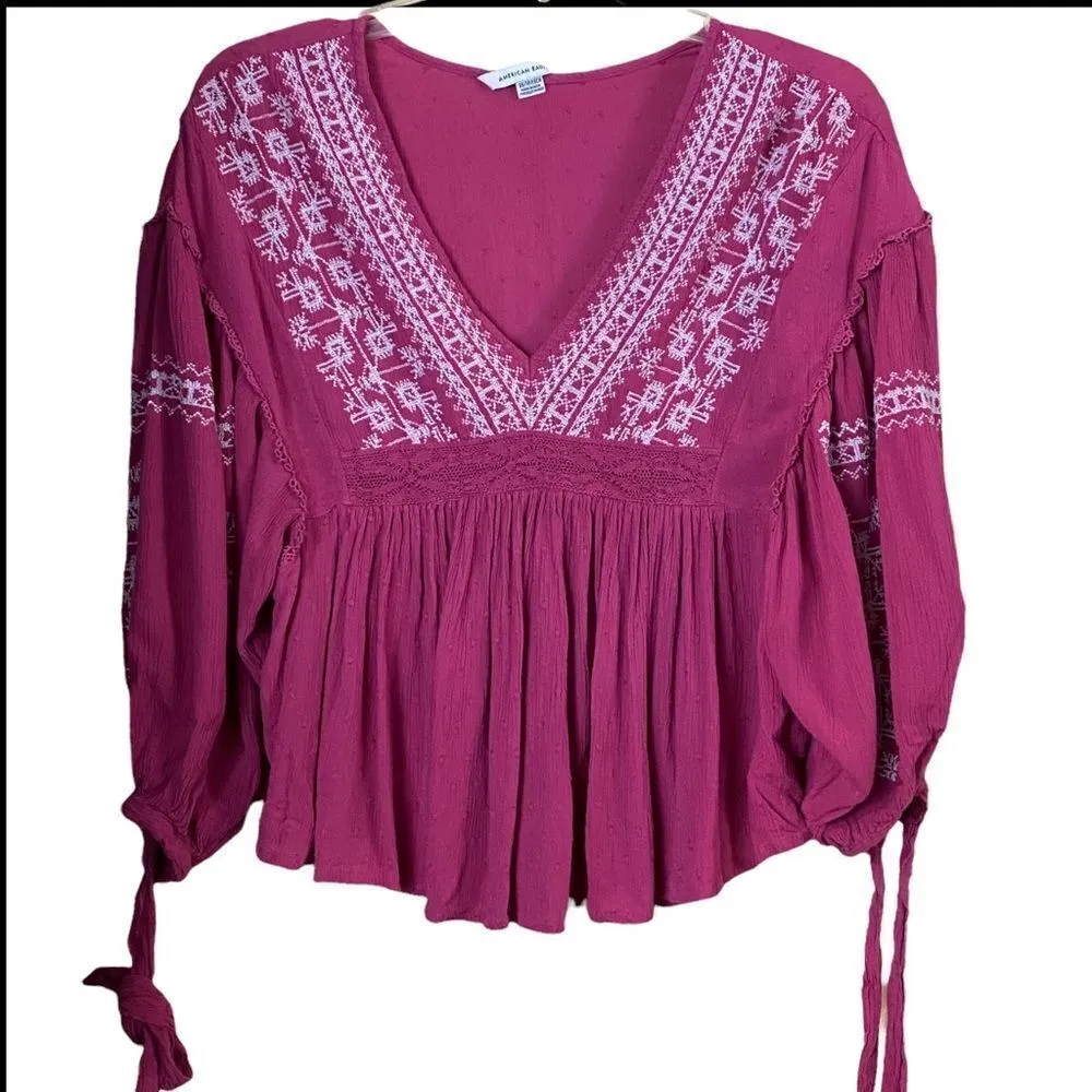 American Eagle Pink Boho Embroidered Top Size XS - Image 3