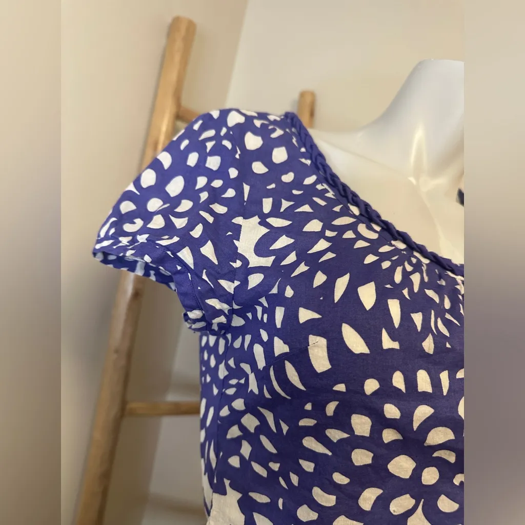 Boden Floral Blue Purple Top Cap Sleeves Button Front Lots of Details 4 Cotton - Image 3