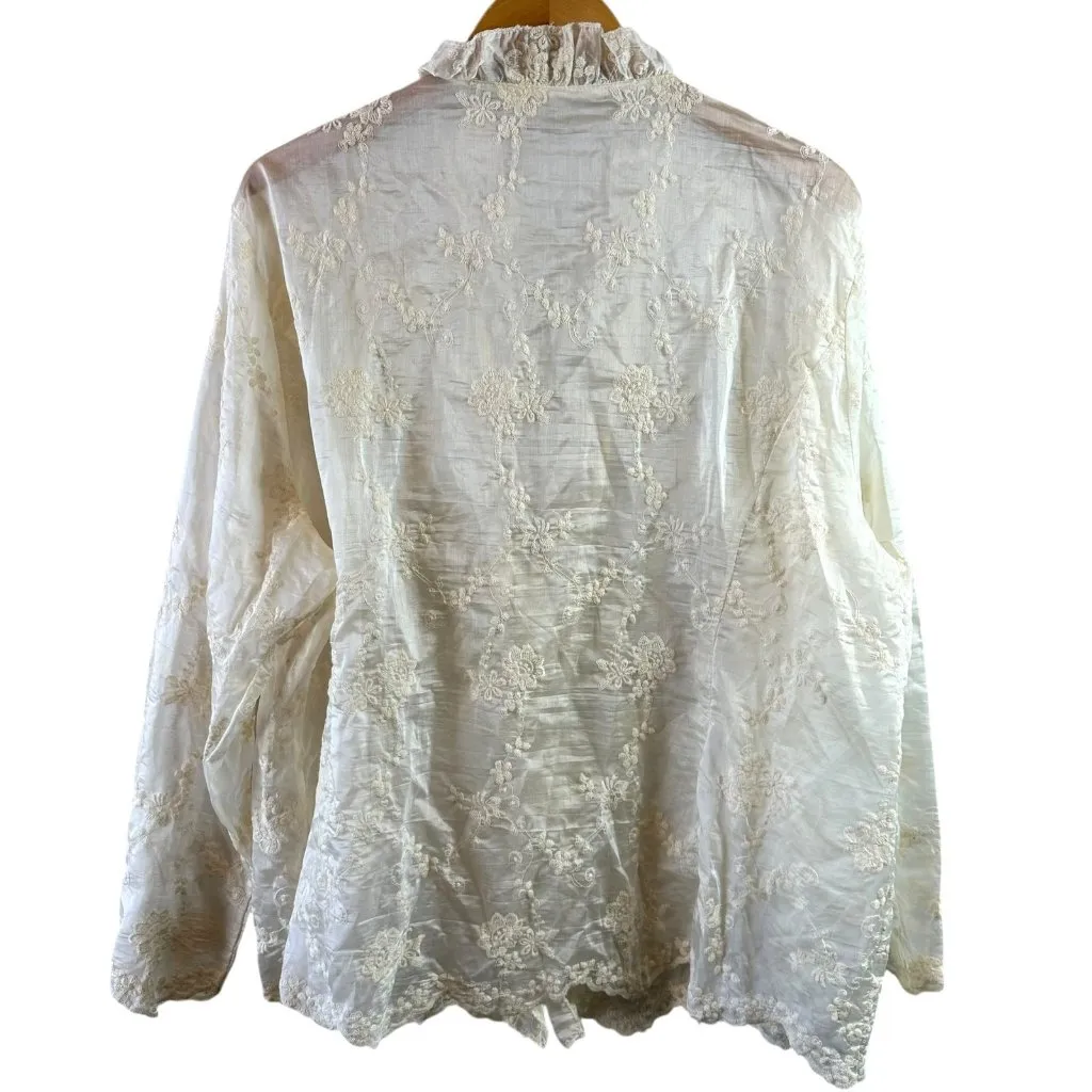 Romantic Embroidered Ivory Sheer Ruffle Tie Jacket Topper 3X White - Image 4