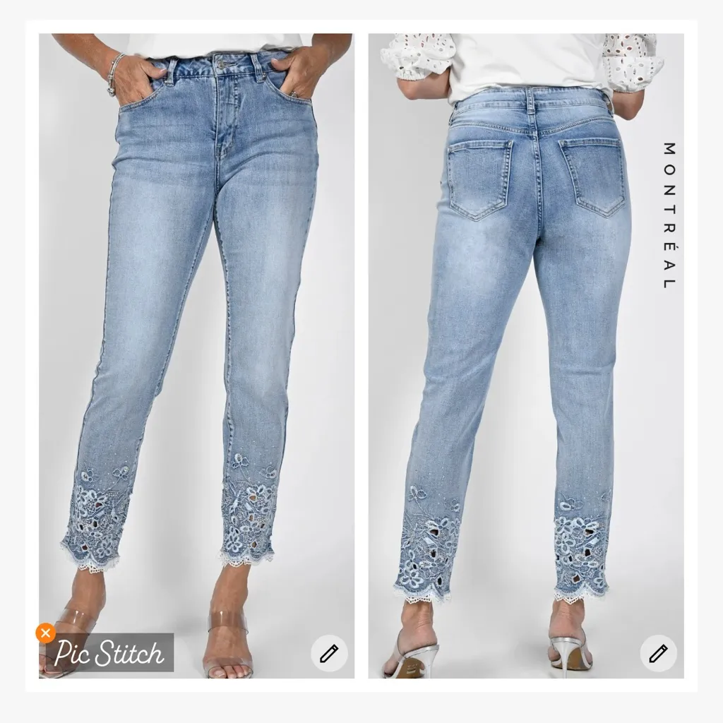 Frank Lyman Design Rhinestone Lace Embroidered Hem Crop Jeans Size XS - Image 2