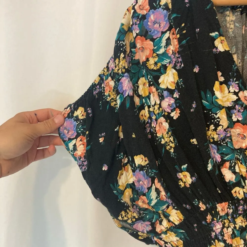 O'Neill O’Neill Black Multicolor Floral Crossover V-Neck Open Back Smocked Crop Top - Image 3