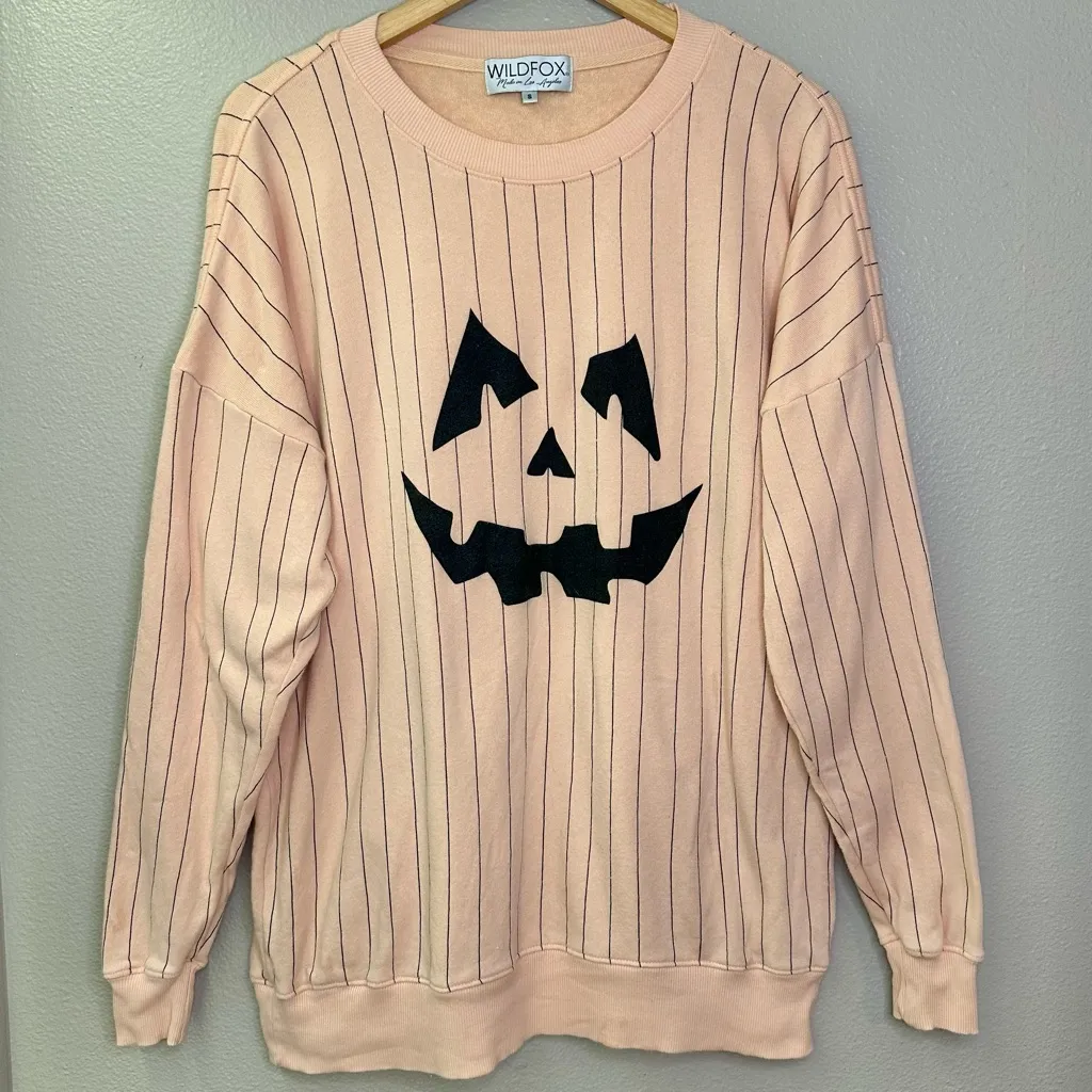 Wildfox Jack O Lantern Pumpkin Striped Road Trip Sweatshirt - Image 2