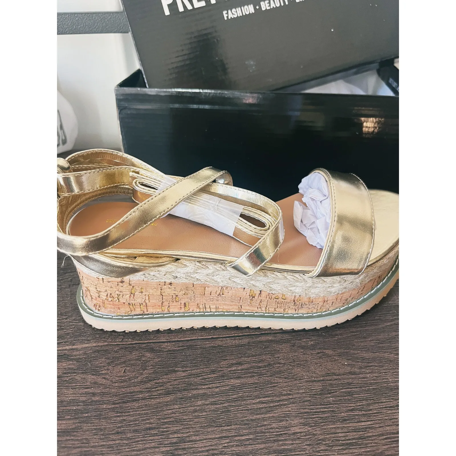 NIB PLT Espadrille Chunky Strappy Platform Sandals Size 6 Gold Vacation Boho - Image 9