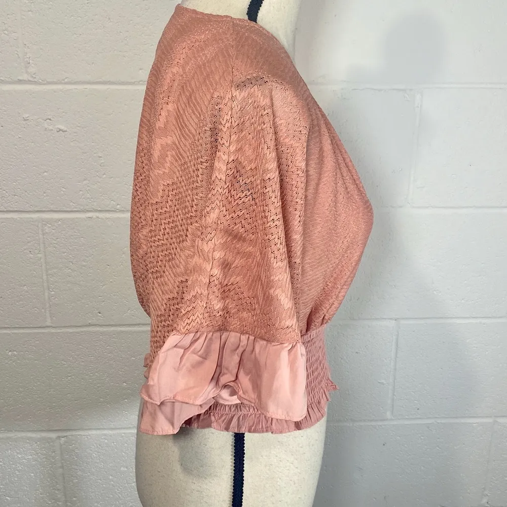Blue Blush Faux Wrap Cropped Flutter Sleeve Shirred Smocked Peach Blouse - Image 6