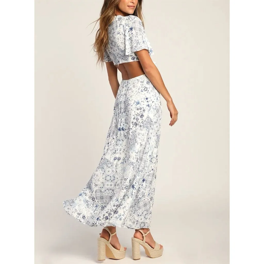 NWT Lulus Women's Stroll the Avenues White Floral Print Tie-Front Maxi Dress S - Image 3