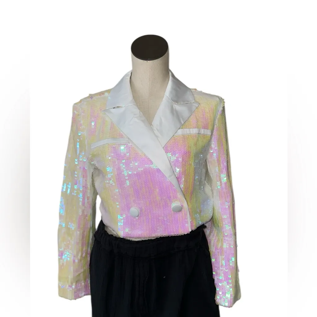 NWOT VENUS Iridescent Pastel Sequin Blazer Jacket Sparkly Party Holiday Glam S White - Image 2