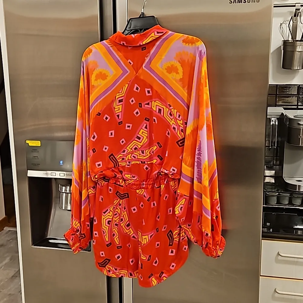 💕FARM RIO💕 Red Tiki Bananas Scarf Sleeve Romper ~ Tie Dye Cashew Small S NWT - Image 12