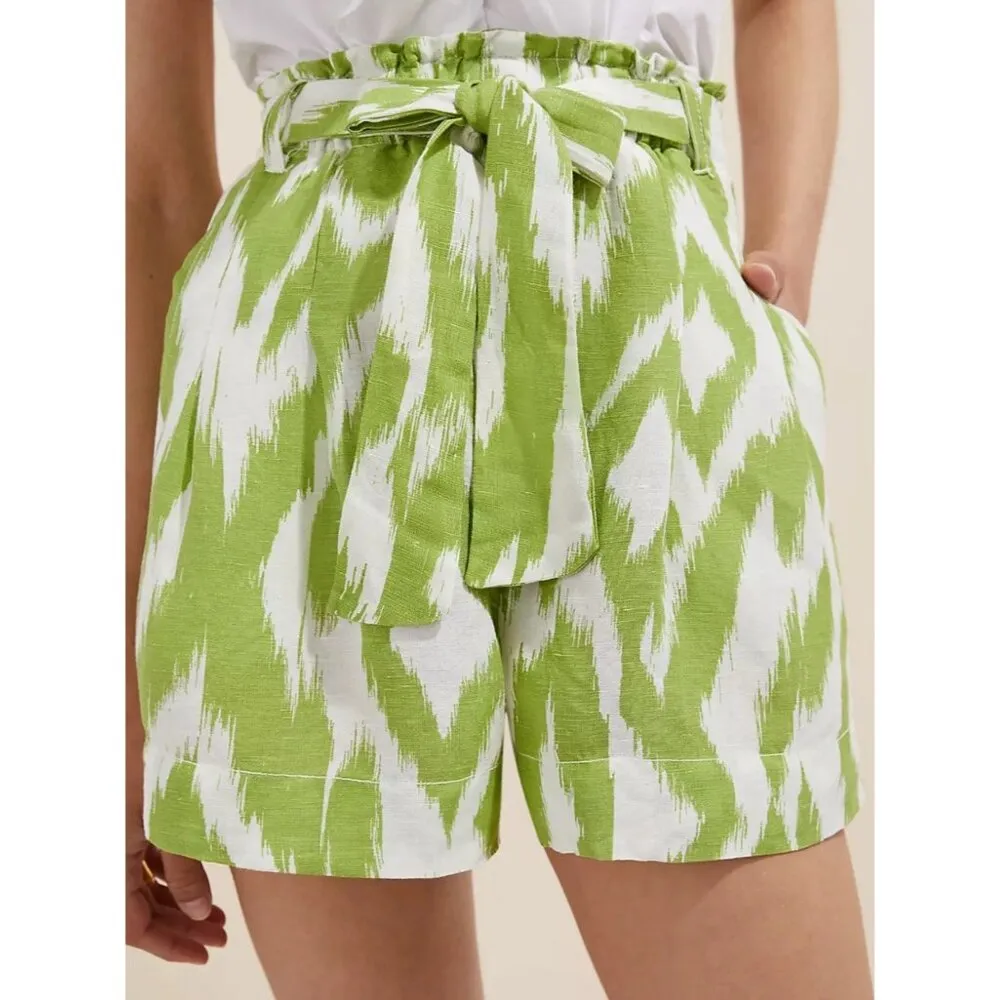 Anthropologie Green White Ikat Print Linen Blend Paperbag Shorts Women Small‎ - Image 7