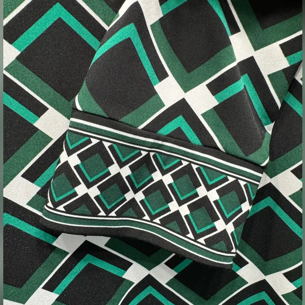 White House Black Market Black Green & Ivory Geometric Print 3/4 Sleeve Dress M - Image 9