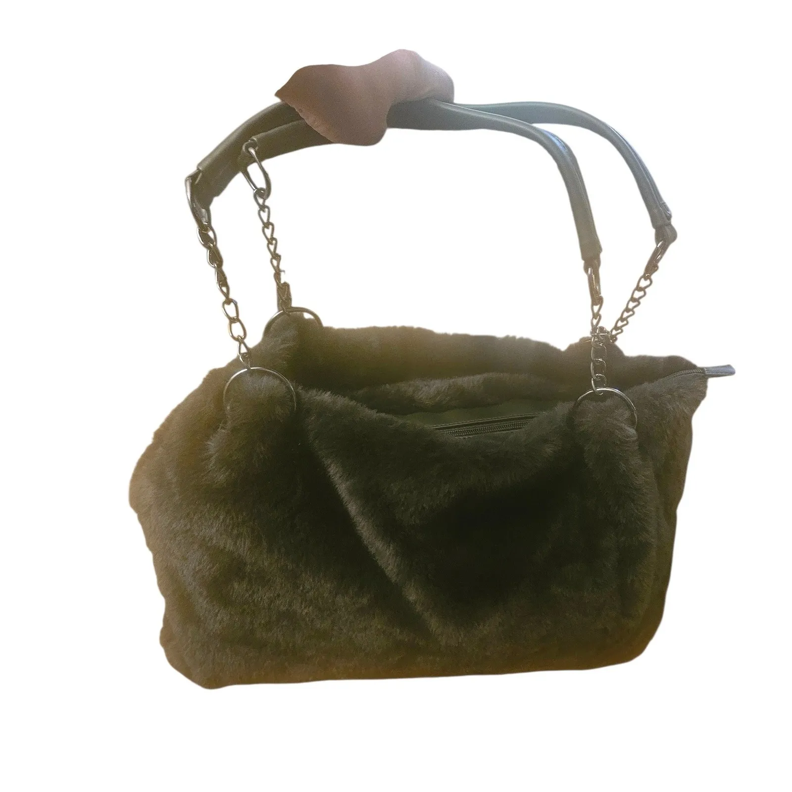 Expressions NYC Faux Fur Shoulder Bag Chain Strap Top Handle Olive Green - Image 2