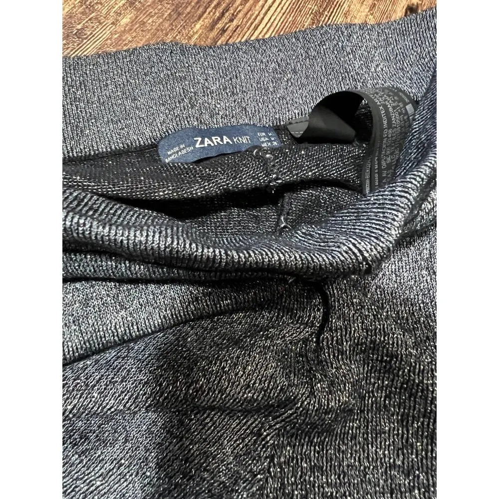 Zara Knit Metallic Grey Wide Leg Pants Frill Hem MEDIUM - Image 3