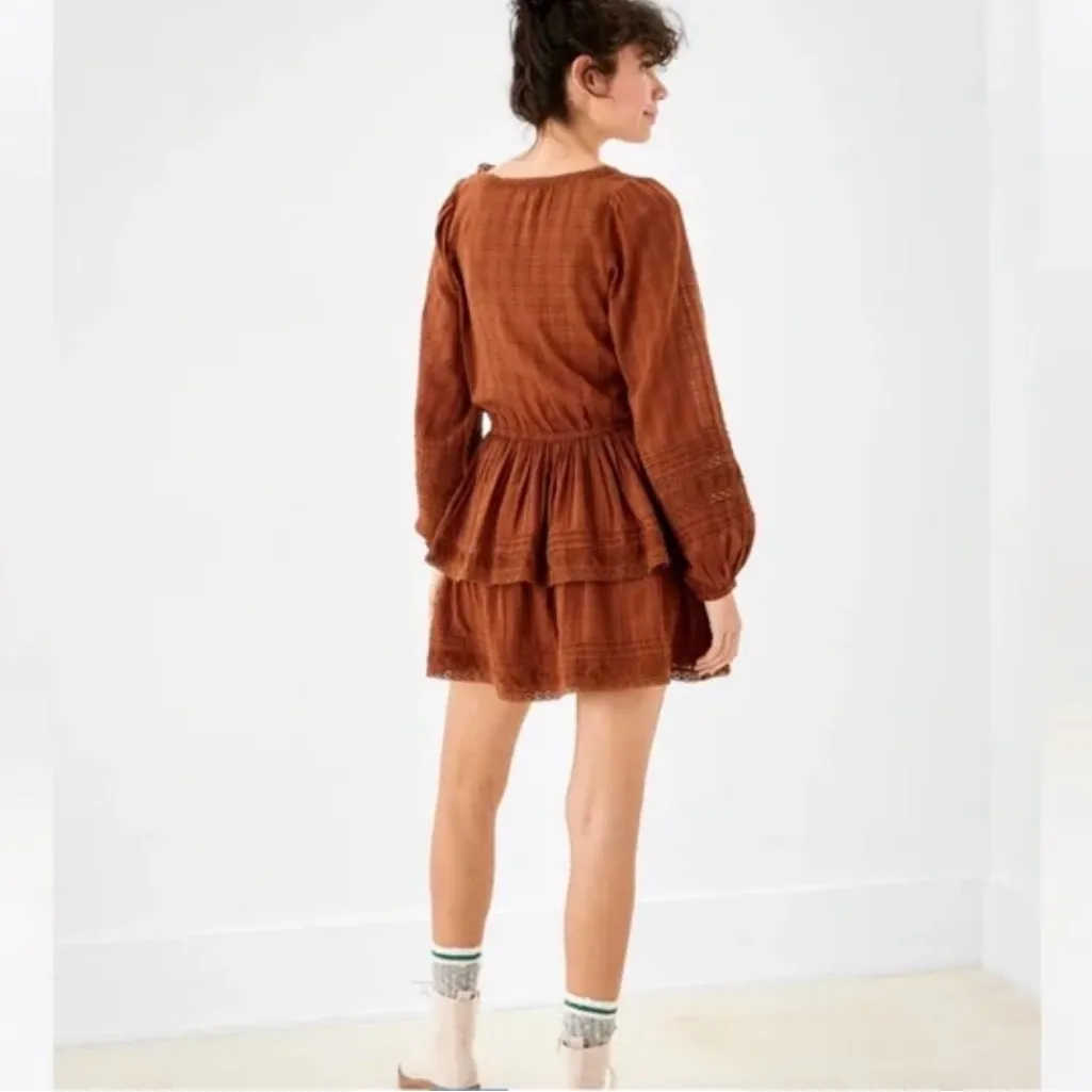 American Eagle NEW Brown Tiered Lace Embroidery Mini Dress Boho Cottagecore Sz M - Image 2
