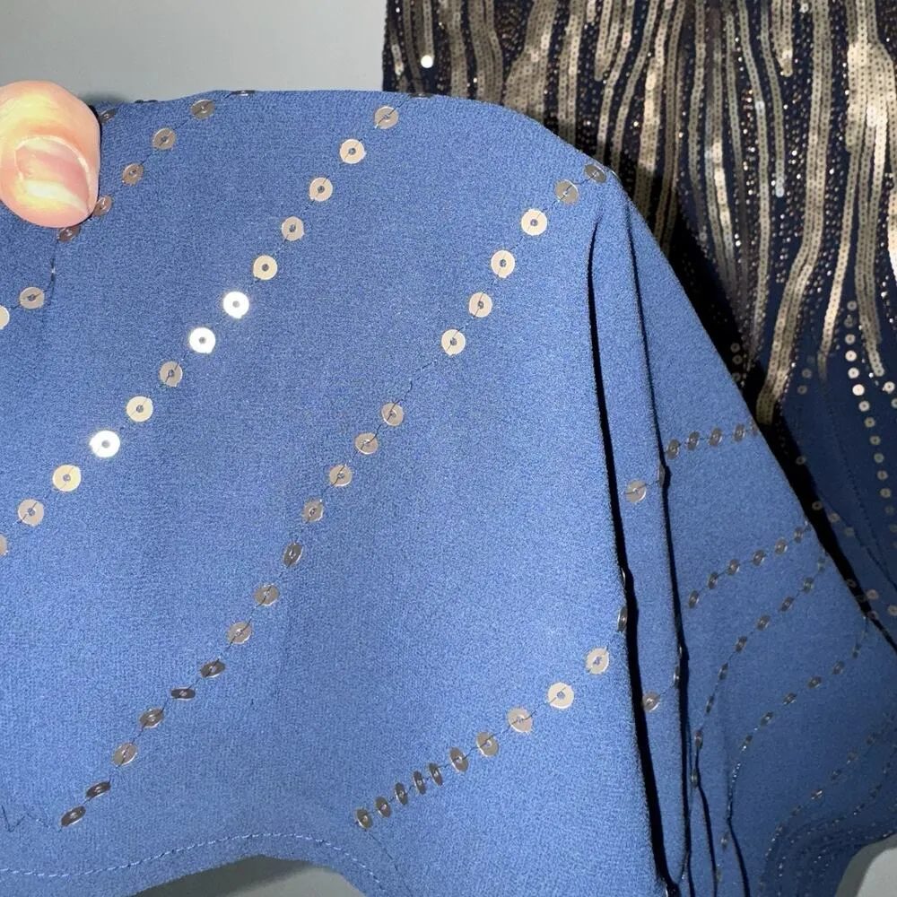 Rio Bazaar Navy Blue & Gold Sequin Dress XS Crisscross Back Art Deco Sparkle - Image 7