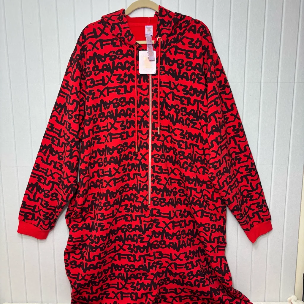 Savage X Fenty By RIHANNA HOODED ONESIE Red Black Graphic Jumpsuit Size 22 - Image 2