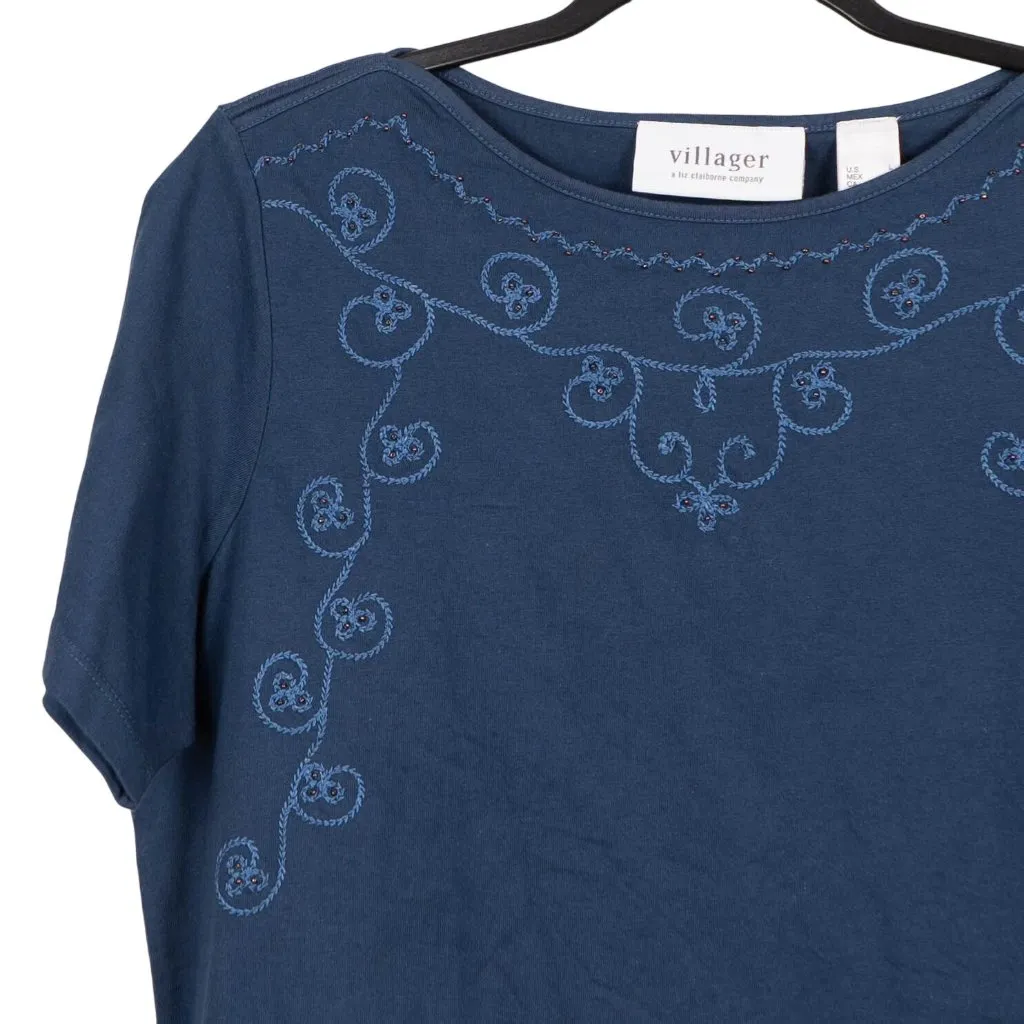 Villager Liz Claiborne Embroidered TShirt L NEW Blue Beaded BoatNeck Cotton - Image 2