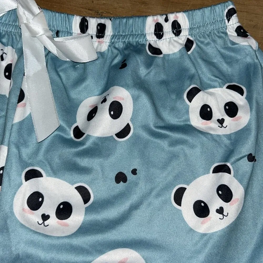 Woman’s Cute Panda Print Blue Pajama Shorts Size Medium - Image 5