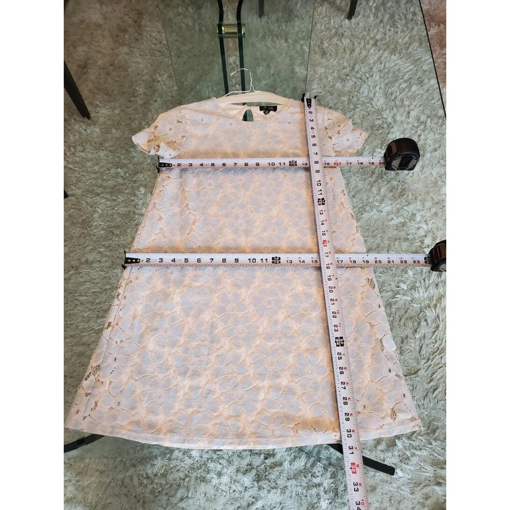 Dee Elle Blue Cream Lace Floral Short Sleeve Knee Length Shift Dress Size Small - Image 10