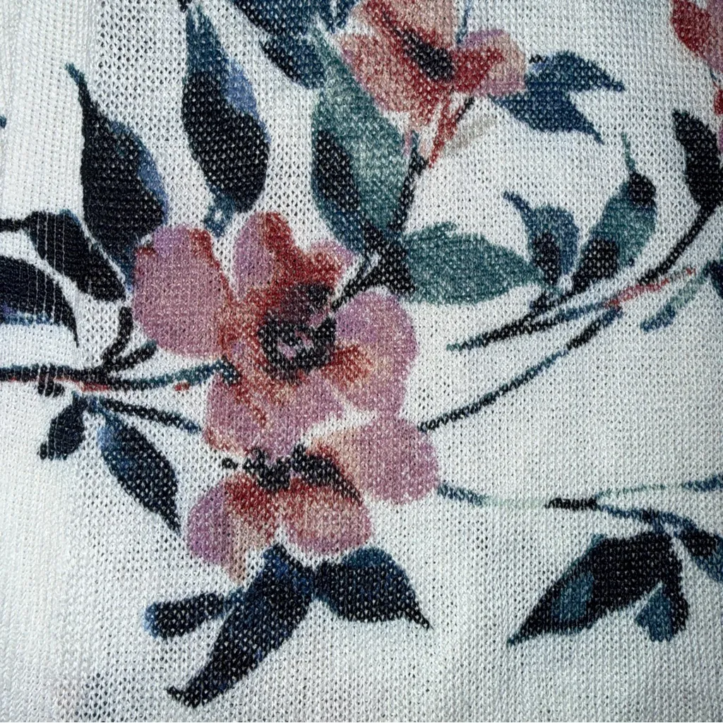 J Jill Linen Blend Longline Cardigan Floral Print Size LP Whimsical Boho White - Image 4