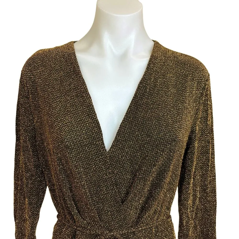 Who What Wear Metallic Glitter V-Neck Gold Wrap Tie Midi Long Sleeve Dress Sz M - Image 3